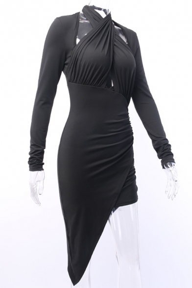 Womens Unique Plain Hollow Out Cross Halter Neck Long Sleeve Asymmetric Hem Midi Party Dress