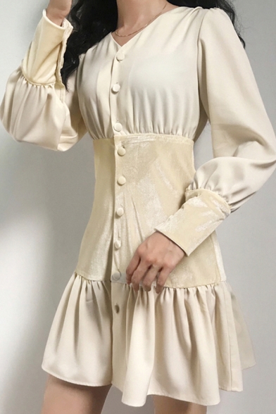 Womens Unique Plain Velvet Patch V-Neck Long Sleeve Button Down Ruffle Hem Mini A-Line Dress