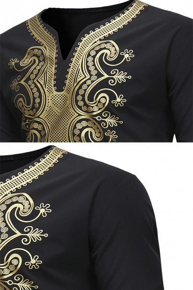 WDTSA Ethnic Print Long Sleeve Stitching V-Neck Shirt for Men Vintage African Top 