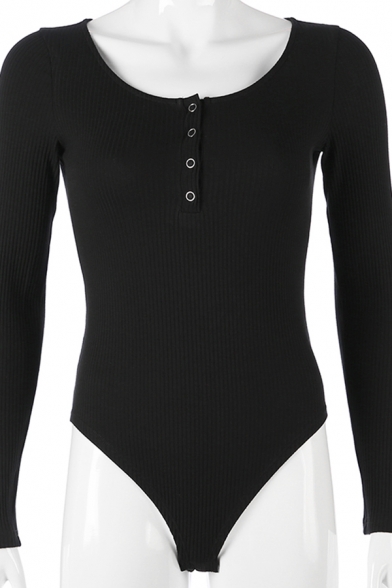 Basic Soft Long Sleeve Deep V-Neck Button Plain Fitted Bodysuit for Women