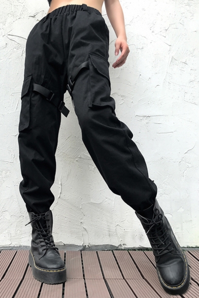 Black Causal Elastic Waist Buckle Detail Pocket Cuffed Full Length Oversize Cargo Trousers for Cool Girls