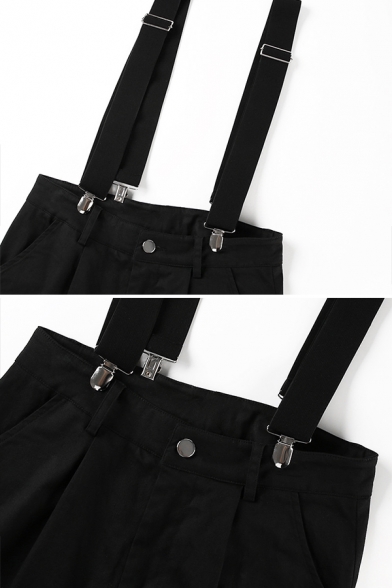 Black Cool Mid Rise Flap Pockets Cuffed Relaxed Carrot Cargo Suspender Pants for Girls
