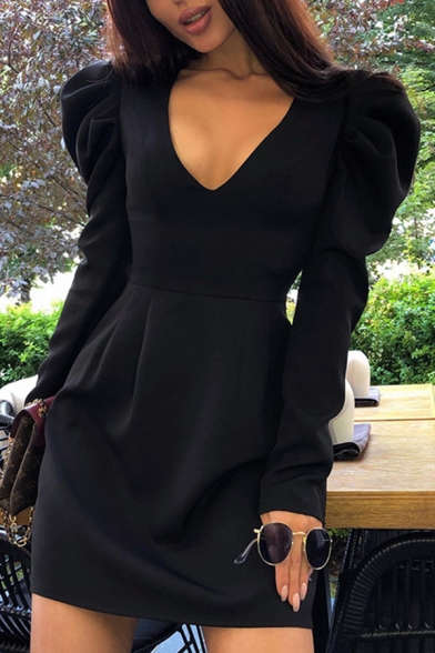 Black Elegant Deep V-Neck Puff Long Sleeve Gathered Waist Mini A-Line Dress for Party