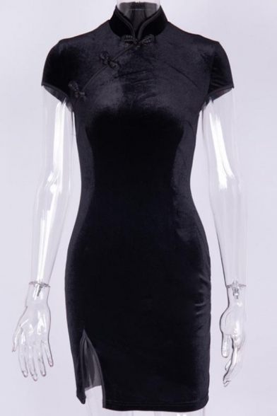 Elegant Oblique Frog Button Split-Side Slim Fit Mini Velvet Cheongsam Dress for Evening Party