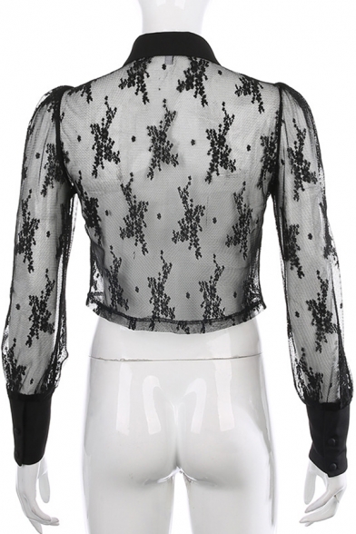 Black Hot Girls' Long Sleeve Pointed Collar Floral-Embroidered Patched Pocket Button Down Sheer Mesh Fitted Crop Blouse