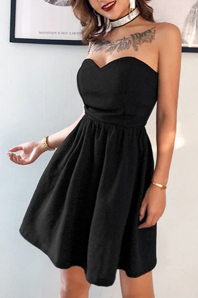 Black Popular Sweetheart Neck Lace-Up Back Mini A-Line Bustier Tube Dress for Evening Party