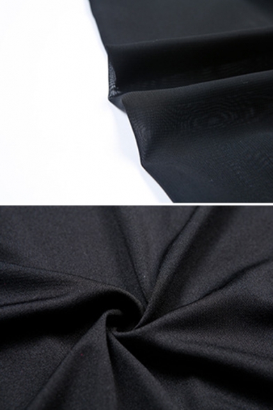Black Sexy Women's Blouson Sleeve Deep V-Neck Sheer Mesh Slim Fit Bodysuit for Club