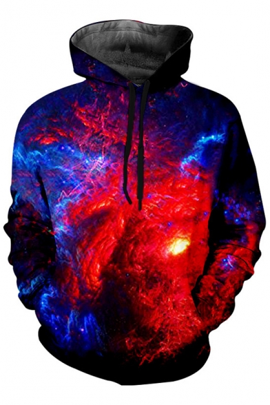 Blue and Red Fire Galaxy 3D Printed Long Sleeve Unisex Pullover Hoodie