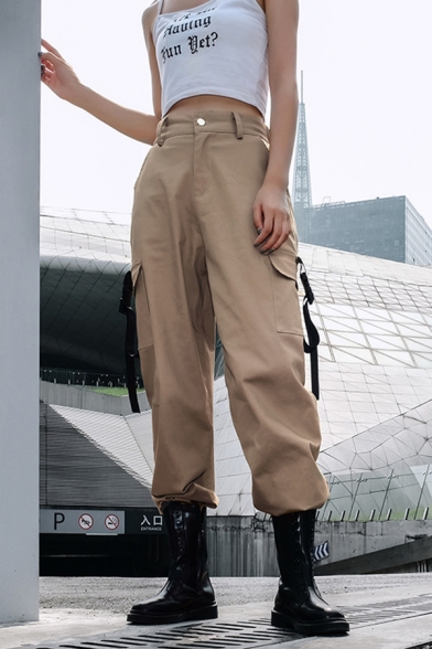 Casual Cool High Waist Utility Buckle Detail Cuffed Ankle Length Plain Relaxed Cargo Pants for Girls