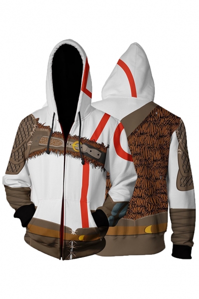 Classic Character Comic Anime Cosplay White and Brown Long Sleeve Zip Placket Hoodie