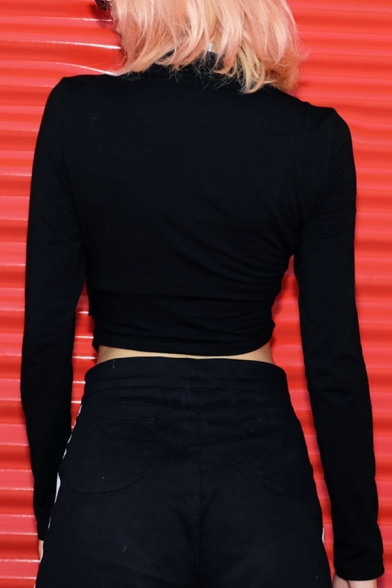 Cool Black Long Sleeve Mock Neck Cut Out O-Ring Embellished Fitted Crop Tee for Girls