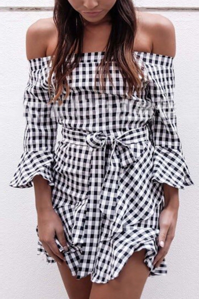Cute Girls' Long Sleeve Off The Shoulder Plaid Print Bow-Tie Waist Ruffled Trim Mini Fitted Fishtail Dress in Black