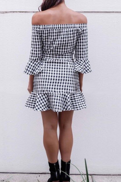 Cute Girls' Long Sleeve Off The Shoulder Plaid Print Bow-Tie Waist Ruffled Trim Mini Fitted Fishtail Dress in Black