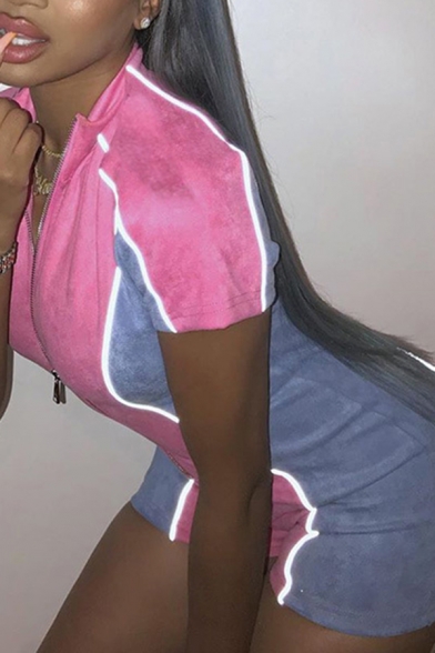 Cute Hot Girl's Short Sleeve Deep V-Neck Contrasted Reflective Zipper Front Velvet Skinny Shorts Rompers in Pink