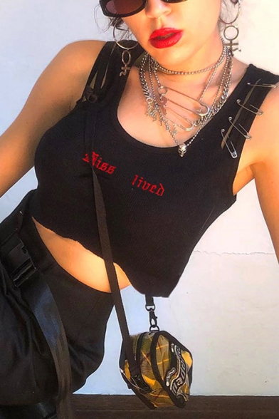 Dark Gothic Sleeveless Scoop Neck Letter MISS LIVED Pin Detail Black Knit Crop Tank Top for Women