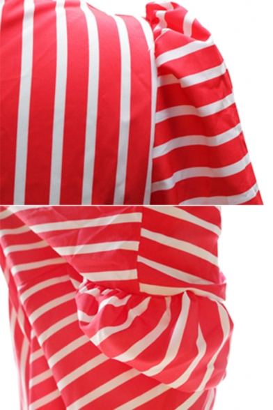 Designer Tied Stand Collar One Shoulder Lantern Long Sleeve Red Striped Blouse Top