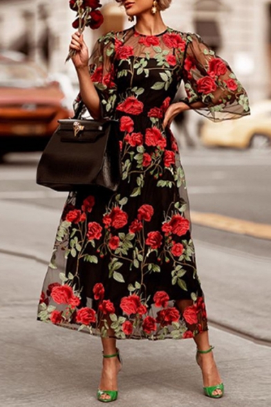 Dressy Fashion Women's Black Bell Sleeve Crew Neck Floral Print Zip Back Sheer Mesh Pleated Two-Piece Maxi A-Line Dress