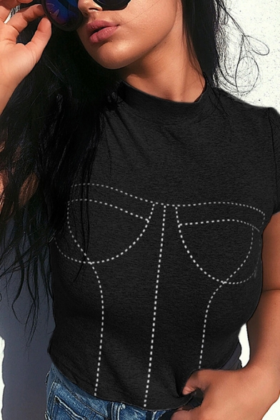 Edgy Girls' Short Sleeve Crew Neck Body Shape Patterned Slim Fit Black Crop T Shirt