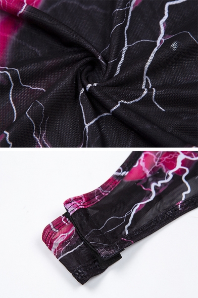 Edgy Looks Long Sleeve Mock Neck Ruffled Lightning Pattern Slim Black Mesh Bodysuit for Girls