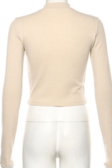 Elegant Apricot Girls' Long Sleeve Mock Neck Fitted Knit Crop T Shirt