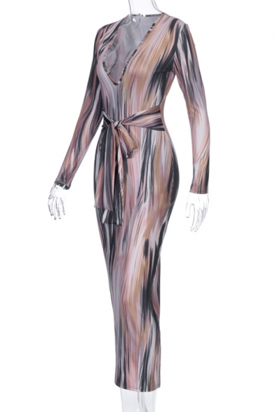 Exclusive Brown Stripe Painting V-Neck Long Sleeve Tied Waist Maxi Bodycon Dress for Party