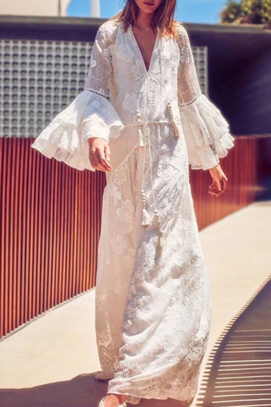 Fancy Ladies Tiered Sleeve Deep V-Neck Floral Embroidered See-Through White Mesh Maxi Flowy Dress