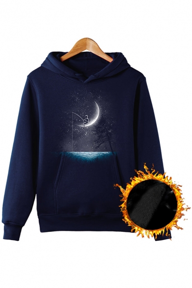 Fantasy Angler and Moon Galaxy Print Long Sleeve Casual Thick Pullover Hoodie