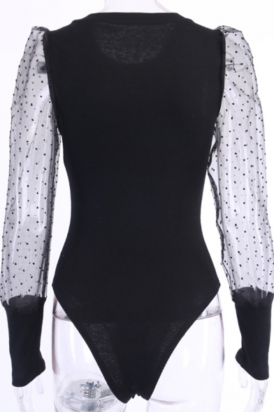 Fashion Black Polka Dot Sheer Puff Sleeved Crew Neck Tight Bodysuit for Women