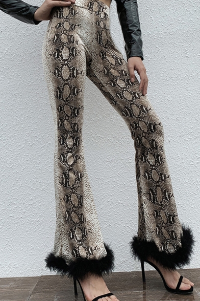 Fashion Unique Ladies' Mid Rise Snake Printed Fluffy Trim Long Slim Fit Flared Pants in Brown