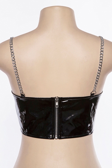 Female Fashion Street Hot Sleeveless Chain Strap Zip Back Fitted Black Crop Cami Top for Club