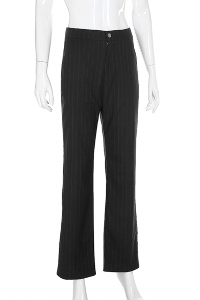 Formal Trendy Women's High Waist Stripe Print Full Length Flared Pants in Black