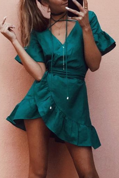 Green Pretty Girls' Short Sleeve Surplice Neck Ruffled Trim Tied Waist Mini Wrap A-Line Dress
