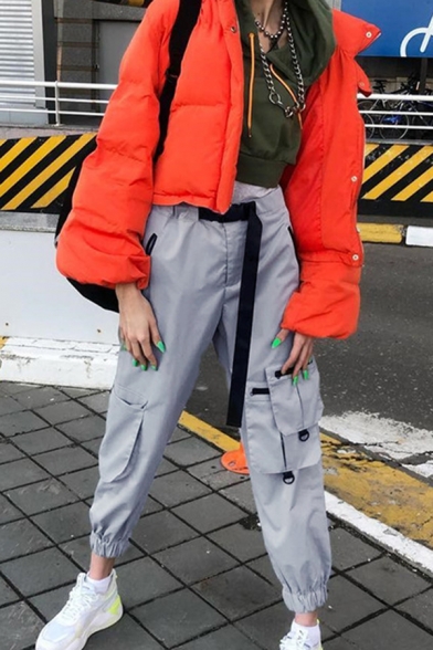 Grey Unique Elastic Waist Buckle Ribbon Utility Cuffed Baggy Cargo Pants for Cool Girls