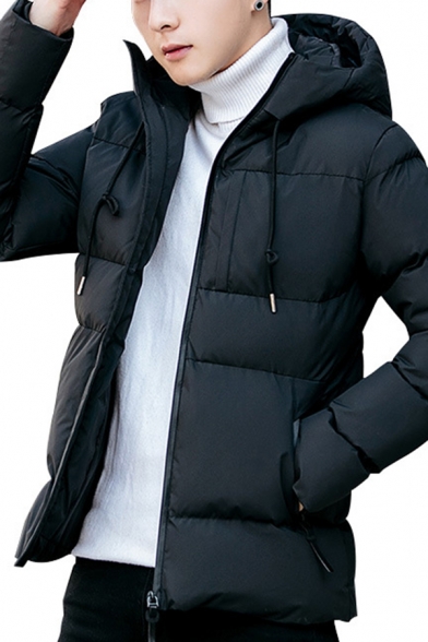 Guys Stylish Plain Long Sleeve Zip Closure Slim Fit Short Hooded Puffer Coat with Pocket