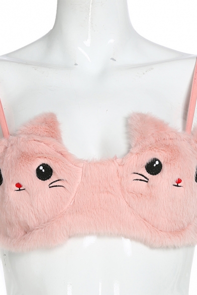 Hot Cute Pink Sleeveless Kitty Embroidered Fluffy Fitted Crop Bustier for Girls