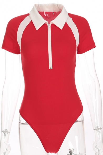 Hot Red Girls' Short Sleeve Pointed Collar Half Zip Contrast Piped Slim Fit Shirt Bodysuit for Club