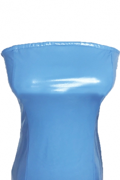 Light Blue Solid Color Popular Sleeveless Zip Back PU Leather Mini Bodycon Tube Dress