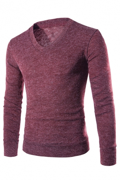 Mens Casual Plain Long Sleeve V Neck Rabbit Plush Knit Pullover Fitted Sweater