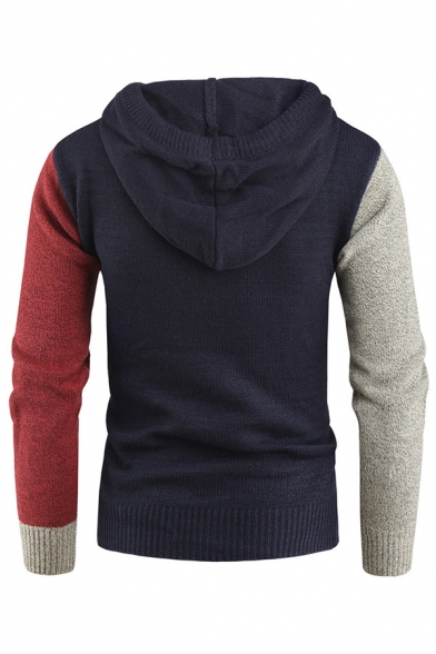 Mens Leisure Colorblocked Splicing Long Sleeve Knitted Drawstring Hoodie Fitted Hooded Sweater