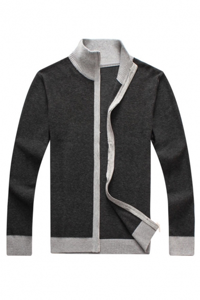 Mens Leisure Contrast Trim Stand Collar Long Sleeve Zip Up Slim Fitted Casual Dark Grey Cardigan Coat