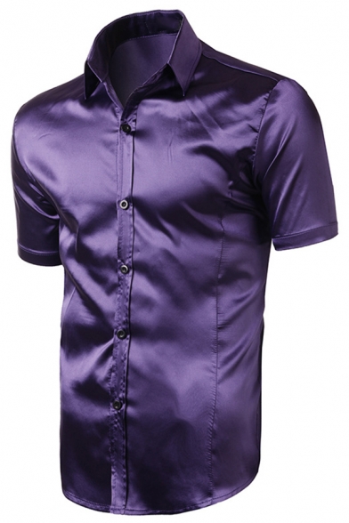 Mens New Fashion Solid Color Short Sleeve Lapel Collar Button Up Silk Shirt