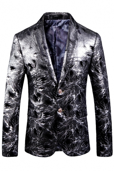 Mens Simple Silver Lightning Printed Long Sleeve Double Buttons Evening Party Blazer