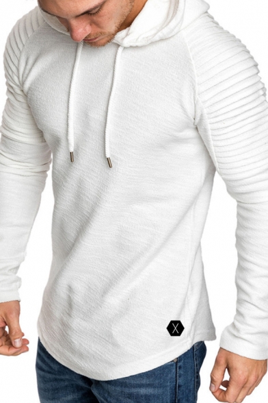 Mens Stylish Plain Pleated Long Sleeve Slim Fitted Drawstring Pullover Hoodie