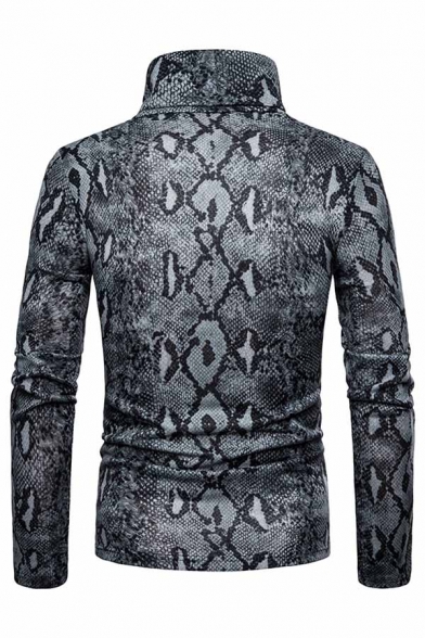 Mens Stylish Snakeskin Printed Long Sleeve High Collar Slim Fit Warm Cool Pullover Sweater