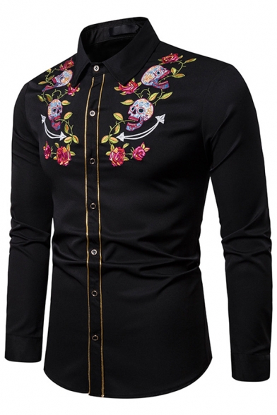 Mens Trendy Embroidered Rose Skull Printed Long Sleeve Contrast Stitching Button Up Tribal Shirt