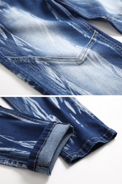 Metrosexual Men's Pleated Spliced Zip Fly Straight Jeans Faded Wash Denim Pants