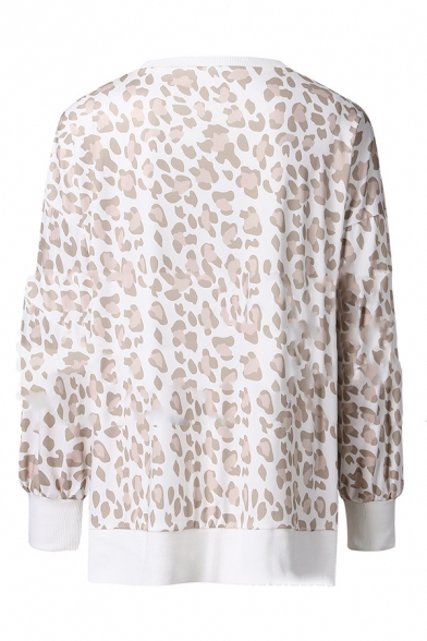 New Arrival Khaki Leopard Printed Long Sleeve Side Split Oversized Pullover Sweatshirt