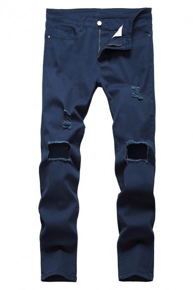 New Arrival Royal Blue Plain Shredded Broken Holes Zip Fly Wash Jeans