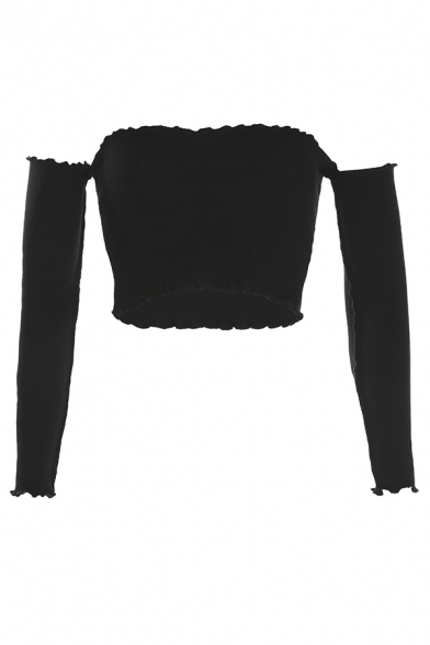 Plain Edgy Girls' Long Sleeve Off The Shoulder Stringy Selvedge Knit Slim Fit Crop Top