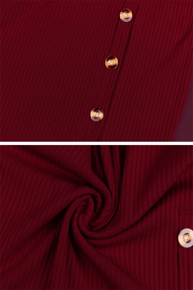 Plain Elegant Ladies' Long Sleeve Button Embellished Slit Side Knit Short Bodycon T Shirt Dress